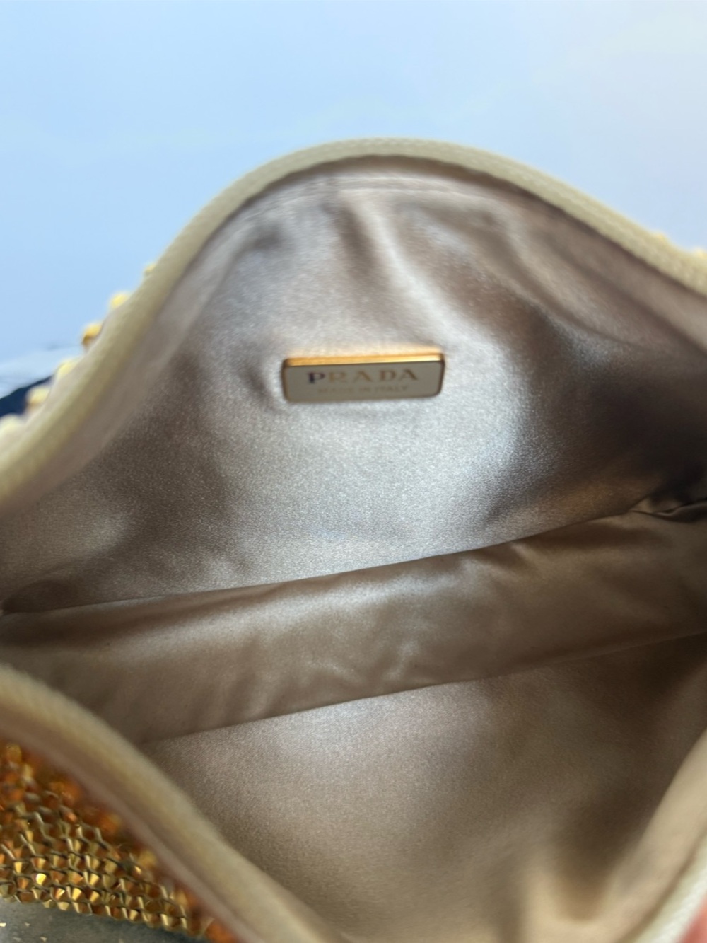 Prada Re-Edition 2000 Hobo Gold Crystal Embellished Satin Mini - Picture 11 of 13